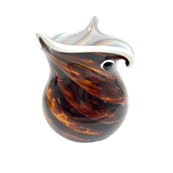 Figural Owl Art Glass Vase Multicolor Brown / White Copper Color Glitter Accents - Picture 2 of 10